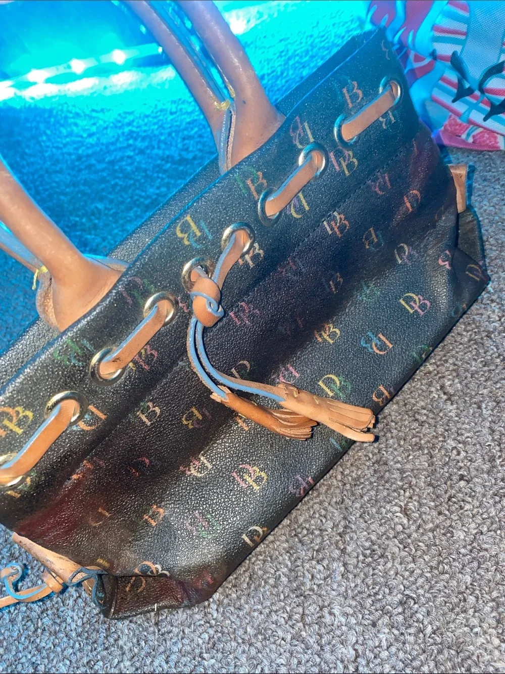 Dooney & Bourke Brown Multicolor Monogram Satchel with Tan Trim